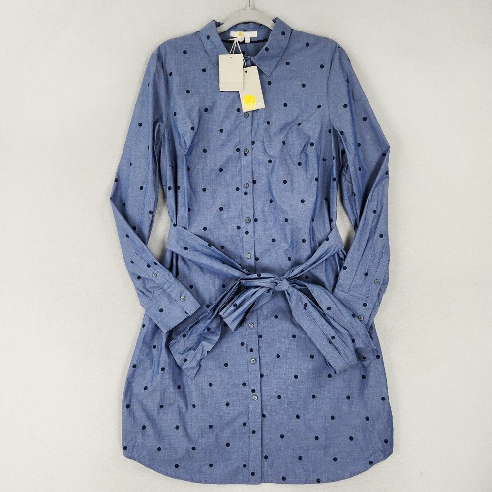 Boden Dress Womens 10 Blue Polka Tie Waist Button Front Modern Shirt Dress NEW - Picture 1 of 12